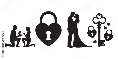 Romantic proposal scene couple embracing large heart padlock and key silhouettes love and commitment symbols