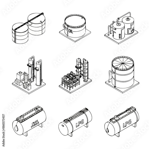 Industrial energy storage and refining equipment icons: oil and LPG tanks, distillation columns, and processing plants in isometric outline style.