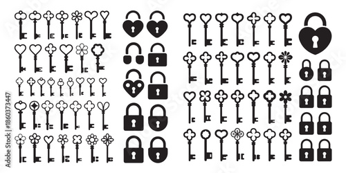 Collection of antique and modern keys with various shaped padlocks vector set