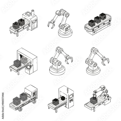 Industrial Automation and Robotics: Conveyor Belts and Robotic Arms in Manufacturing.