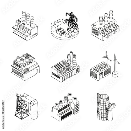 Industrial Factory Icons: Vector Set of Diverse Manufacturing Plants and Power Generation Facilities.