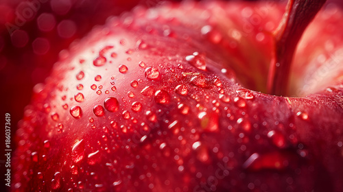 Fresh red apple macro with water droplets