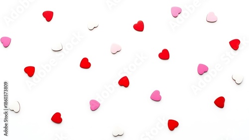 Scattered small red pink and white wooden heart shapes create a festive and romantic background pattern for valentine celebrations or love concepts