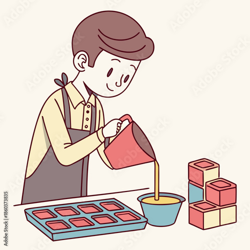 Person pouring liquid into soap mold for crafting