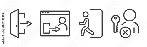 exit icon set, exit successful, user key, closed user page, vector line art, account, close door