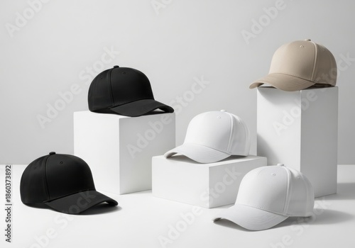 Collection of baseball caps displayed on white pedestals