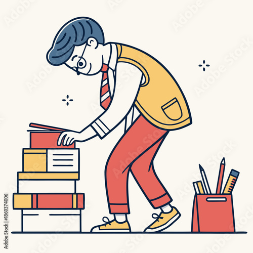 Man organizing books at desk with stationery