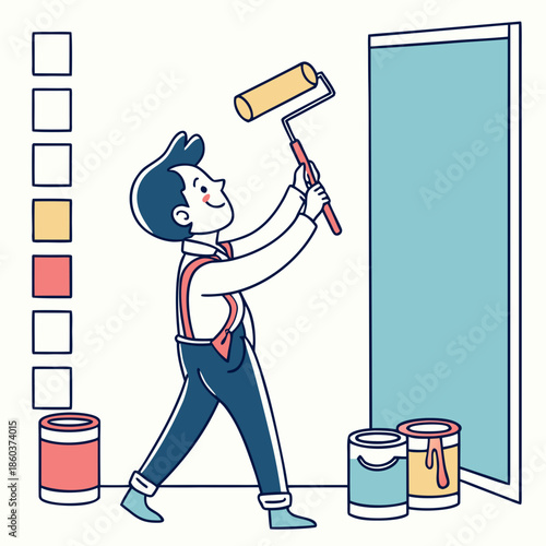 Man painting wall with roller and paint cans