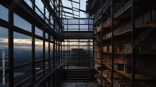 Wallpaper Mural A library with large windows showcasing a city view. Torontodigital.ca