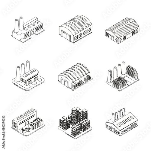 Isometric Factory and Warehouse Icons Set: Industrial Buildings and Structures Collection.