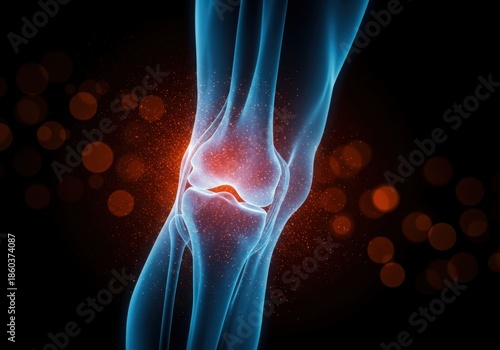 Anatomical illustration of a knee joint with inflammation