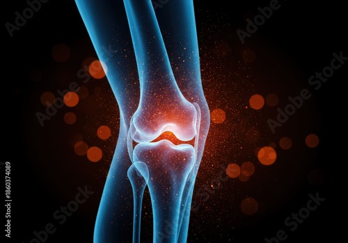 Anatomical illustration of a human knee joint with inflammation