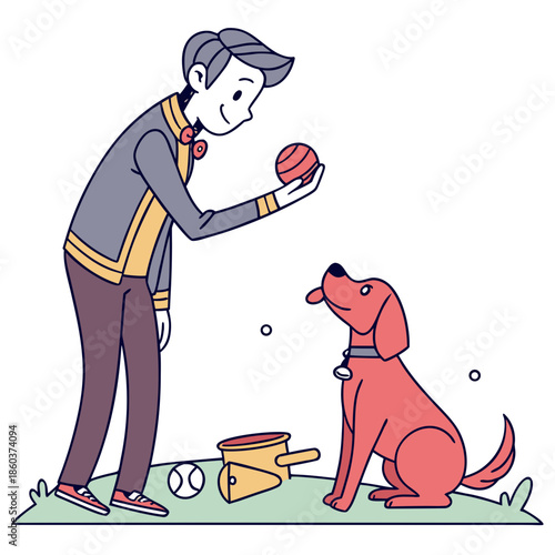 Man playing fetch with a red dog