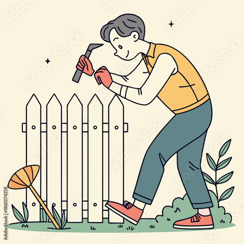 Man repairing a white picket fence with a tool