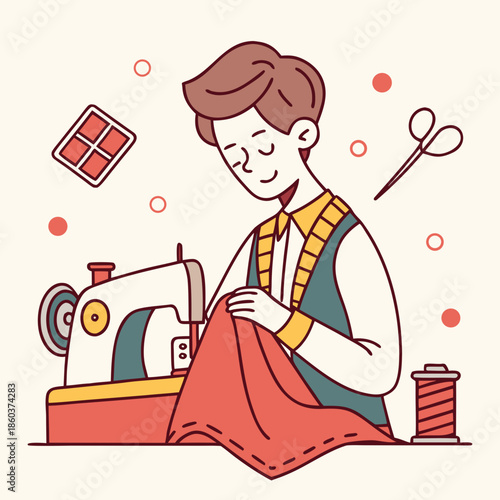 Man sewing clothes with sewing machine and fabric