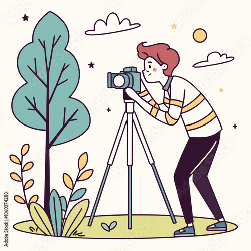 Man taking photos with camera on tripod in nature