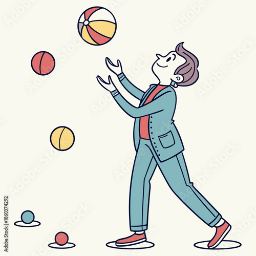 Man Skillfully Juggling Colorful Balls in the Air