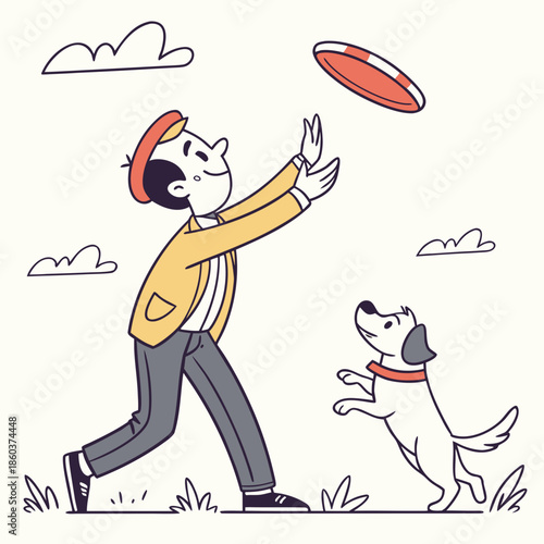 Person and dog play frisbee outdoors