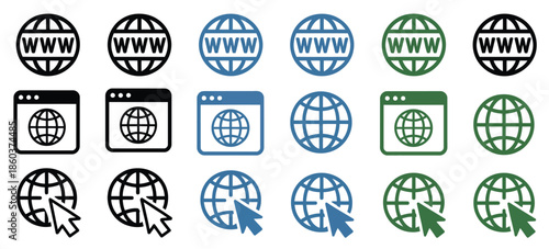 Website browser window and WWW globe icons, vector collection representing internet, global network, web pages