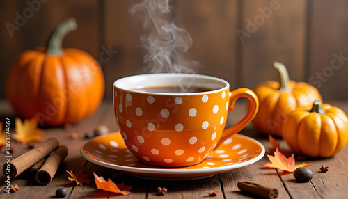Orange polka dot cup with steam and pumpkins on wooden table with autumn leaves and cinnamon sticks