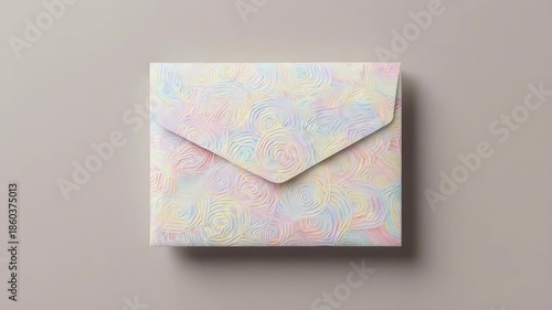 Pastel, textured envelope with spiraling patterns sits on a neutral background