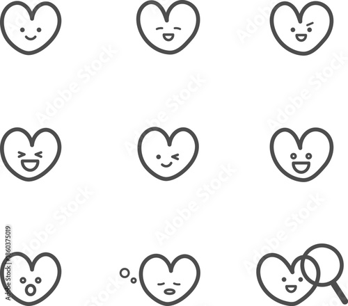 ポジティブな表情のハート　アイコン　セット（線）
