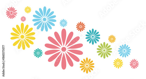Colorful, stylized daisy-like flowers in various sizes and pastel shades, forming a decorative, wavy pattern on a clean white background.