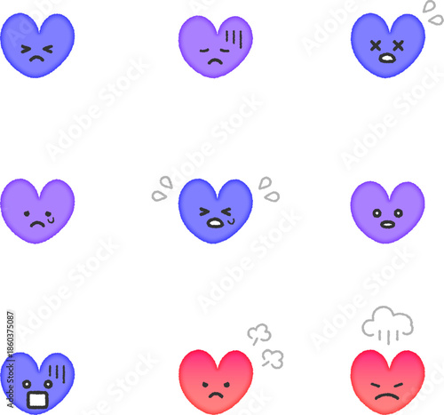 ネガティブな表情のハート　アイコン　セット（カラー）