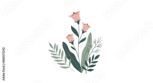 A charming and minimalist illustration featuring a delicate bouquet of pink bell flowers and diverse green foliage, perfect for a fresh and natural design.