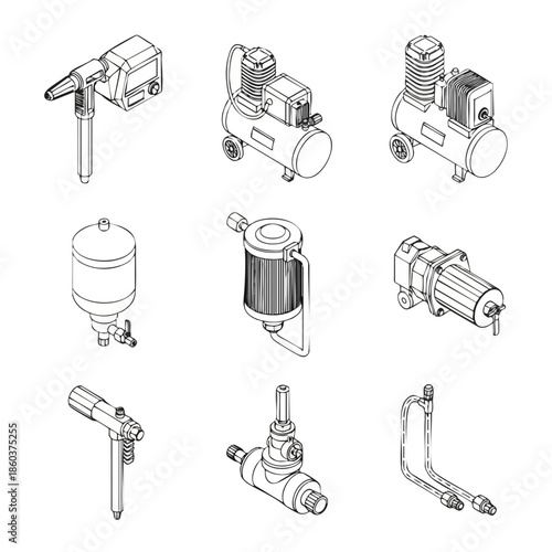 Set of industrial air compressor parts and accessories, clean line art isometric illustrations.