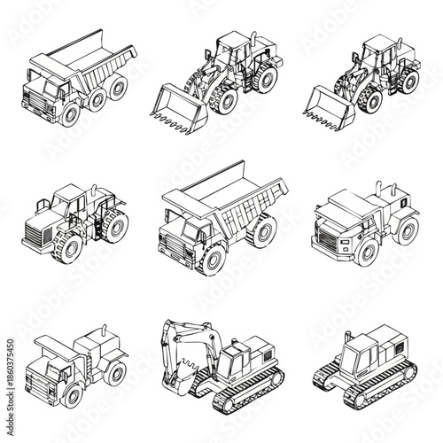 Set of Line Art Construction Vehicles - Dump Trucks, Excavator, Loader, Bulldozer and more.