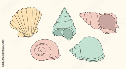 A collection of varied seashells in soft pastel colors, featuring different shapes and forms, ideal for ocean-themed designs and decorations.