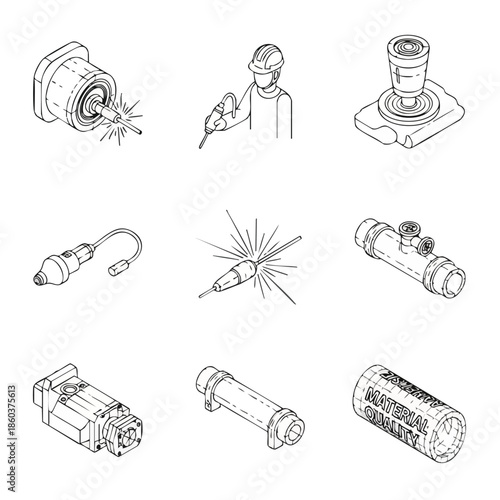 Set of technical isometric line drawings showcasing industrial components, tools, and a worker with safety gear