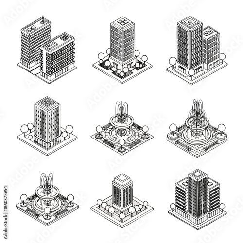 Stylish Vector of Modern Buildings with Fountains and Green Spaces.