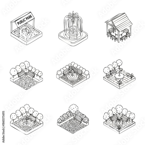 Vector Collection of Isometric Illustrations of Public Park Spaces with Fountains and Seating Areas.