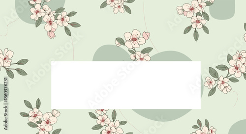 Serene pale green background adorned with delicate pink cherry blossoms and subtle organic shapes, offering a blank white space for text.