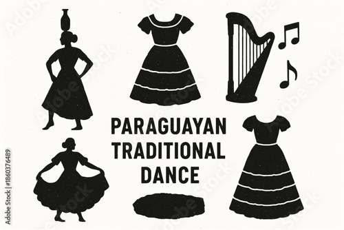 Paraguayan traditional dance vector icons rugged flat style