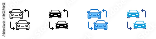 Vehicle Exchange Comparison Multiple Style Icon Design Vector - two vehicles with directional arrows, representing comparison, selection, and decision making
