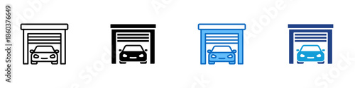 Garage Multiple Style Icon Design Vector - car parked inside a garage structure, representing storage, parking, and vehicle protection