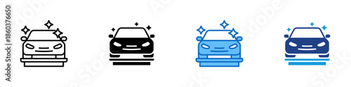 Clean Car Showroom Multiple Style Icon Design Vector - vehicle displayed on a platform with sparkle symbols, representing presentation, sales, and premium display