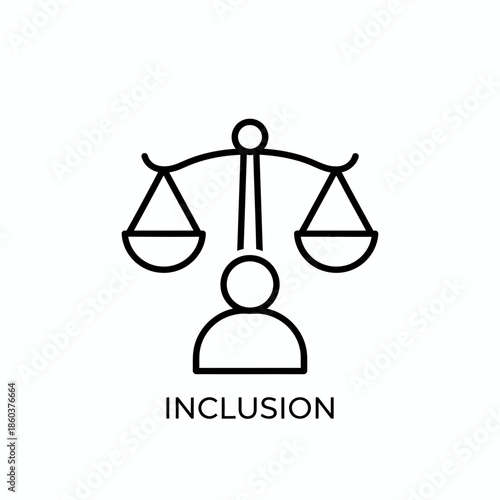 A simple line icon representing inclusion with balanced scales and a person below