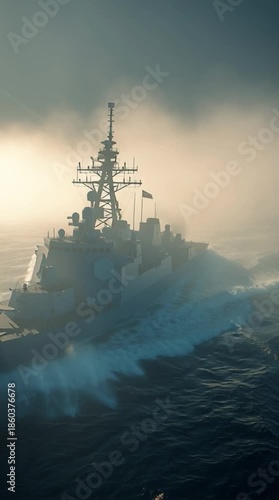 Misty naval vessel cutting through ocean waves during a dramatic sunrise
