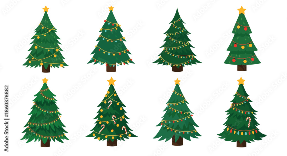 Obraz premium Collection of eight uniquely decorated Christmas trees with various ornaments lights and stars on top for holiday season festive celebrations.