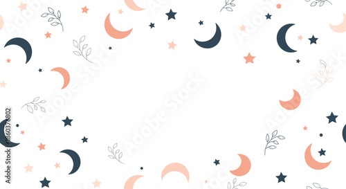 Whimsical pattern of crescent moons and stars with small leafy branches creates a soothing bedtime atmosphere for children and nurseries.