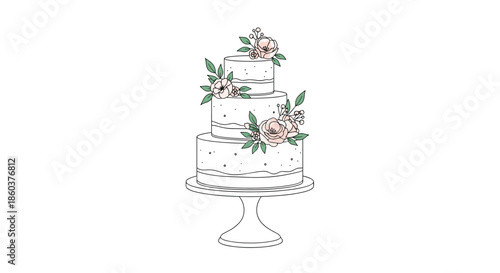 Elegant three tiered wedding cake features delicate pink floral decorations and simple line art details for a romantic celebration design.