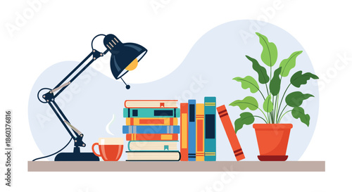 Cozy study space illustration shows a stack of books next to a desk lamp a green potted plant and a warm cup of tea on a wooden shelf.