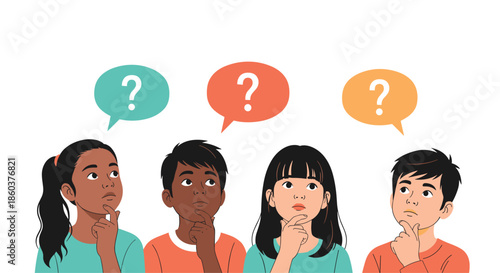 Group of diverse children look up thoughtfully with question marks in speech bubbles representing curiosity and learning in school setting.