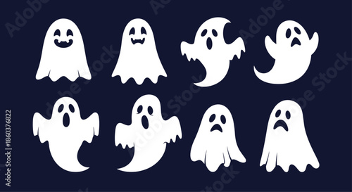 Collection of spooky yet cute white cartoon ghost silhouettes with different facial expressions for Halloween party invitations.
