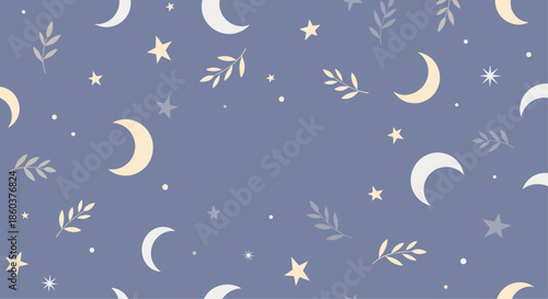 Enchanting celestial pattern with crescent moons stars and botanical leaves on a muted purple background offers a peaceful night time design.