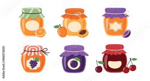 Assorted glass jars of fruit jam with colorful lids and labels feature orange grape plum and cherry flavors for a homemade preserve set.
